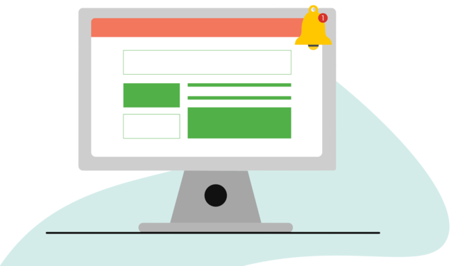 A computer monitor with blocks representing content. A bell icon is in the top right with a notification,