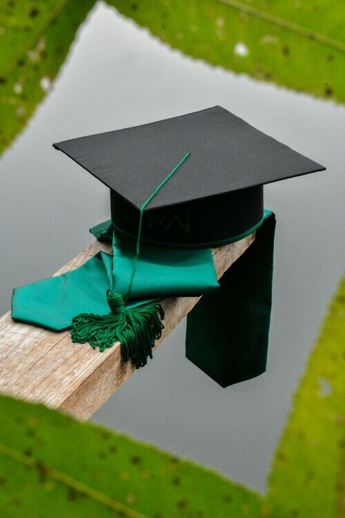 A black grad cap and green sash.