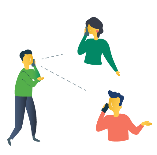 A man is on a conference call. Two other people are also on the phone and connected to the man via dotted lines.