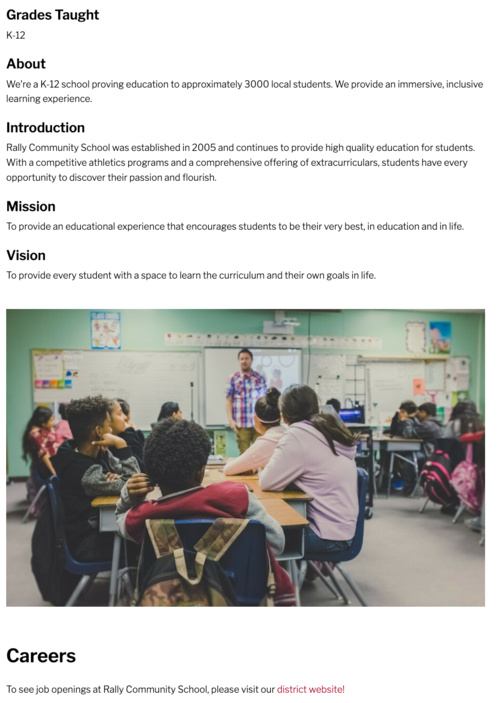 A sample webpage showing information about a school such as, "Grade Taught," "About," Introduction," "Mission," & "Vision." An image of a classroom with a teacher is on the webpage. Students iat desk arranged in groups.