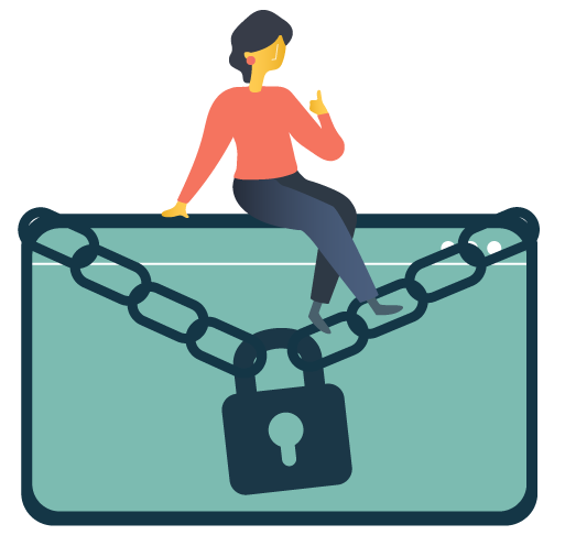 A computer monitor has a thick chain and a locked lock across it. A woman sits atop the monitor and gives the thumbs up.