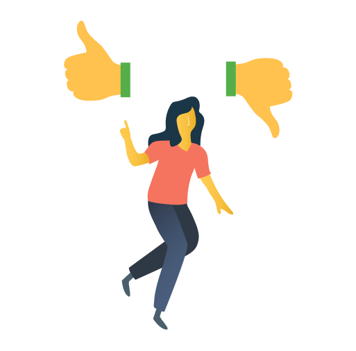 A woman with a thumbs up to one side and a thumbs down on the other.